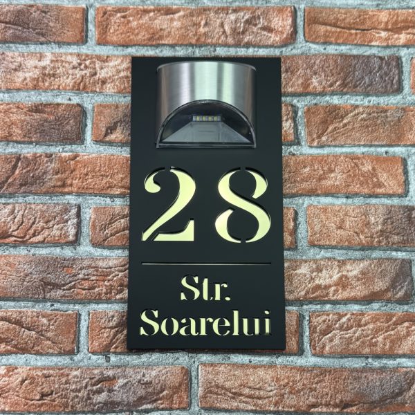 Placuta numar casa personalizat model HeavenLight 29.5 x 14.5 cm Negru Mat / Oglinda Auriu