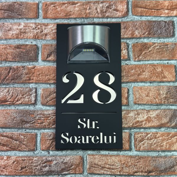 Placuta numar casa personalizat model HeavenLight 29.5 x 14.5 cm Negru Mat / Oglinda Roz