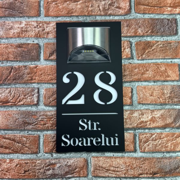 Placuta numar casa personalizat model HeavenLight 29.5 x 14.5 cm Negru Mat / Alb Mat
