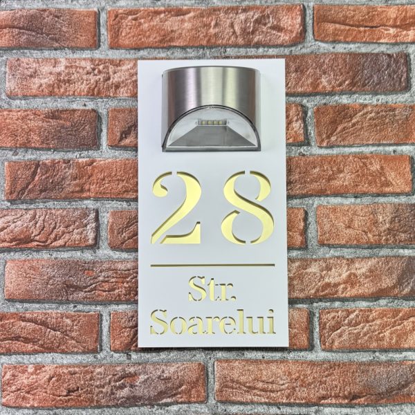Placuta numar casa personalizat model HeavenLight 29.5 x 14.5 cm Alb Mat / Oglinda Auriu