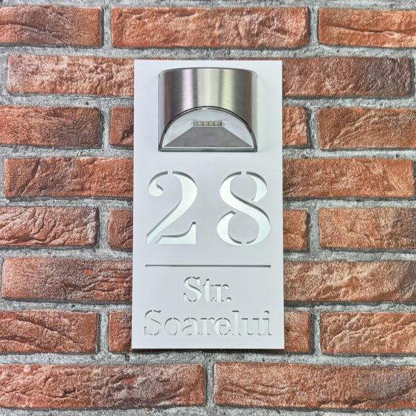 Placuta numar casa personalizat model HeavenLight 29.5 x 14.5 cm Alb Mat / Oglinda Argintiu