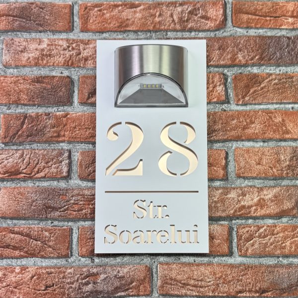 Placuta numar casa personalizat model HeavenLight 29.5 x 14.5 cm Alb Mat / Oglinda Roz