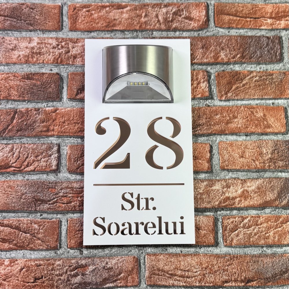 Placuta numar casa personalizat model HeavenLight 29.5 x 14.5 cm Alb Mat / Oglinda Argintiu