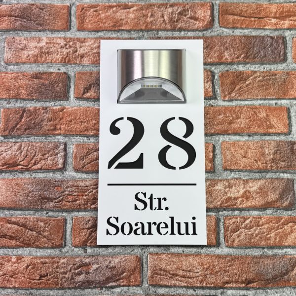 Placuta numar casa personalizat model HeavenLight 29.5 x 14.5 cm Alb Mat / Negru Mat