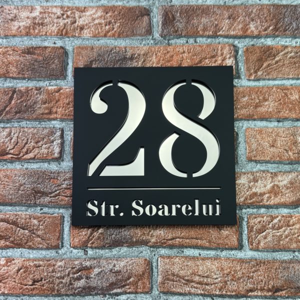 Placuta numar casa personalizat Armonia 19.5 x 19.5 cm Negru Mat / Oglinda Roz