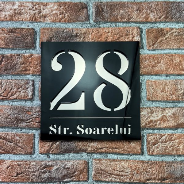 Placuta numar casa personalizat Armonia 19.5 x 19.5 cm Negru Lucios / Oglinda Roz