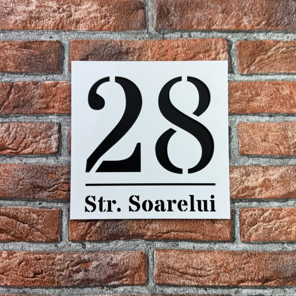 Placuta numar casa personalizat Armonia 19.5 x 19.5 cm Alb Mat / Negru Mat