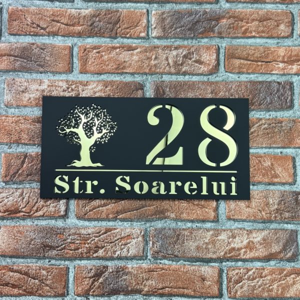 Placuta numar casa personalizat model TreeWave 29.5 x 14.5 cm Negru Mat / Oglinda Auriu