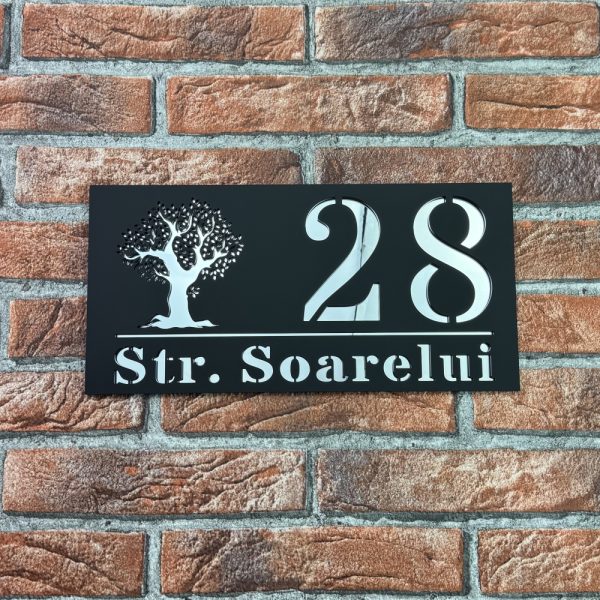 Placuta numar casa personalizat model TreeWave 29.5 x 14.5 cm Negru Mat / Oglinda Argintiu