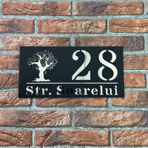 Placuta numar casa personalizat model TreeWave 29.5 x 14.5 cm Negru Mat / Oglinda Roz