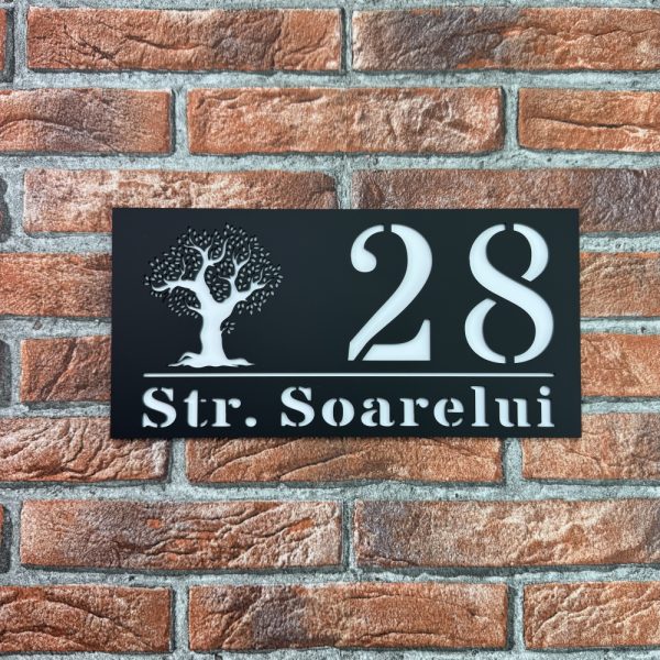 Placuta numar casa personalizat model TreeWave 29.5 x 14.5 cm Negru Mat / Alb Mat