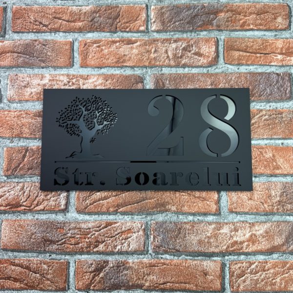 Placuta numar casa personalizat model TreeWave 29.5 x 14.5 cm Negru Mat / Negru Lucios