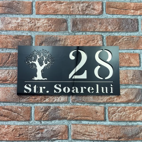 Placuta numar casa personalizat model TreeWave 29.5 x 14.5 cm Negru Lucios / Oglinda Roz