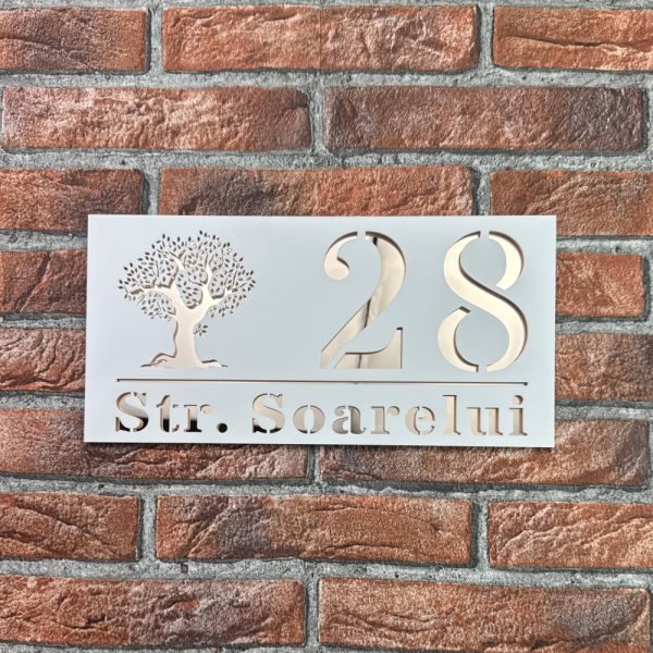 Placuta numar casa personalizat model TreeWave 29.5 x 14.5 cm Alb Mat / Oglinda Roz