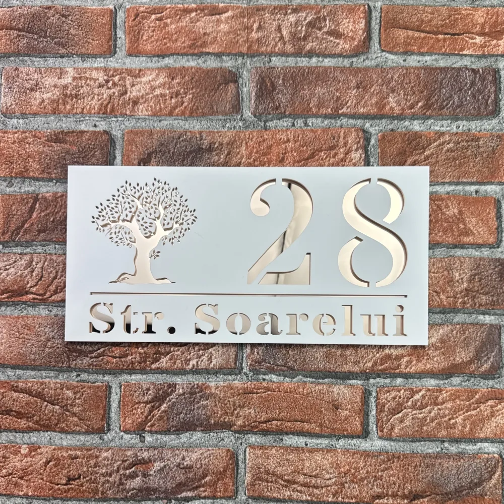 Placuta numar casa personalizat model TreeWave 29.5 x 14.5 cm Alb Mat / Oglinda Roz