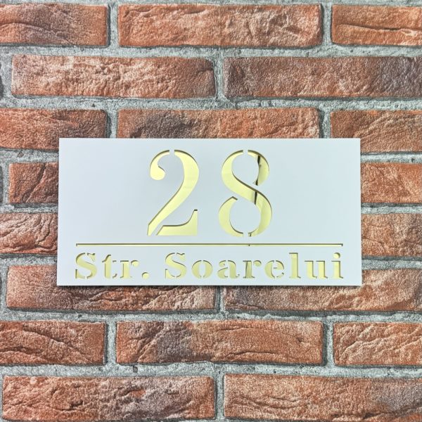 Placuta numar casa personalizat BloomCraft 29.5 x 14.5 cm Alb Mat / Oglinda Auriu