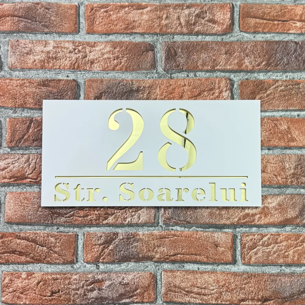 Placuta numar casa personalizat BloomCraft 29.5 x 14.5 cm Alb Mat / Oglinda Auriu