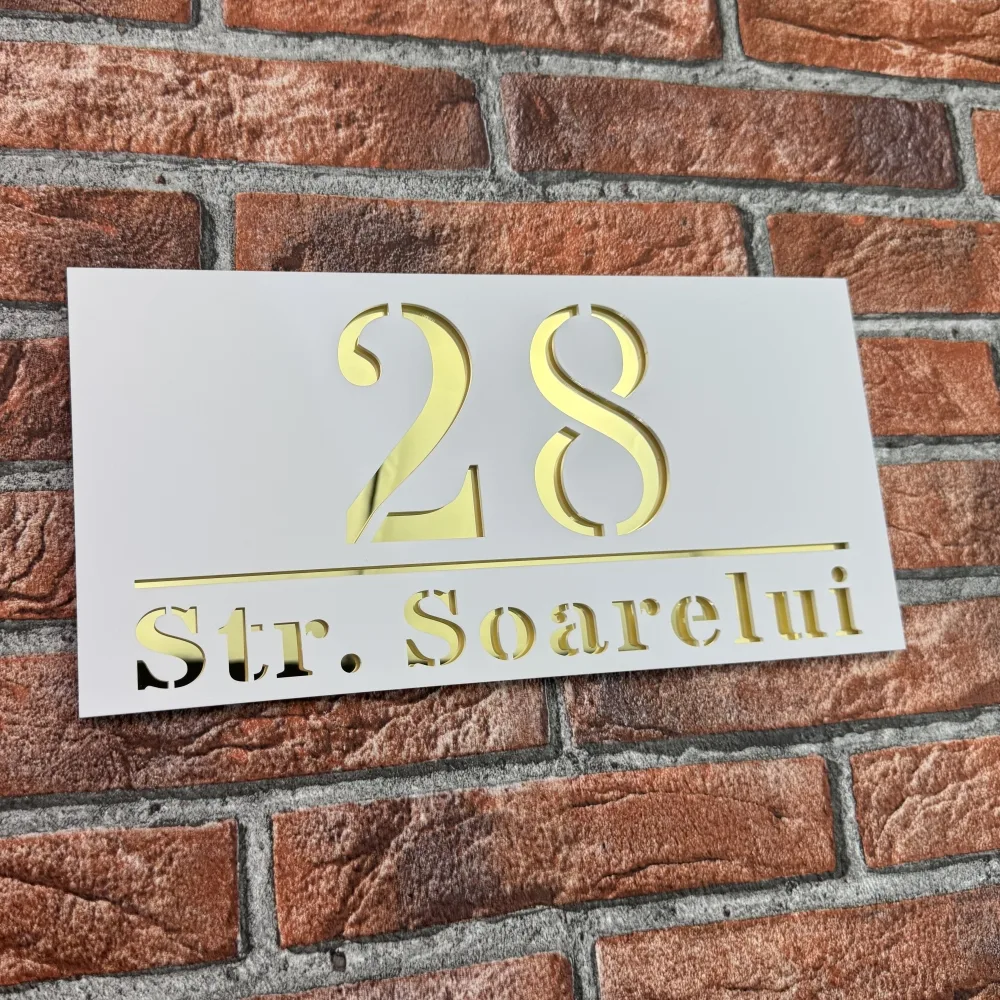 Placuta numar casa personalizat BloomCraft 29.5 x 14.5 cm Alb Mat / Oglinda Auriu