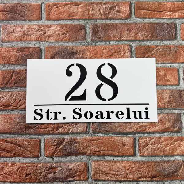 Placuta numar casa personalizat model BloomCraft 29.5 x 14.5 cm Alb Mat / Negru Mat