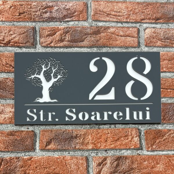 Placuta numar casa personalizat model TreeWave 29.5 x 14.5 cm Grii Lucios / Alb Lucios