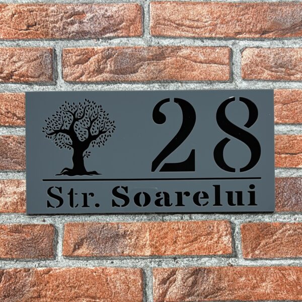 Placuta numar casa personalizat model TreeWave 29.5 x 14.5 cm Grii Lucios / Negru Lucios