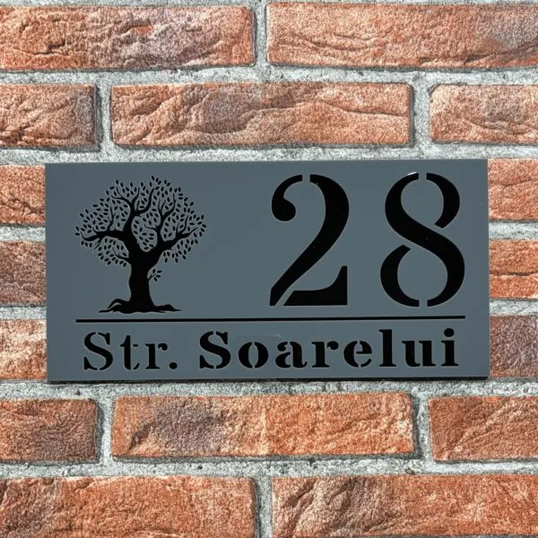Placuta numar casa personalizat model TreeWave 29.5 x 14.5 cm Grii Lucios / Negru Lucios
