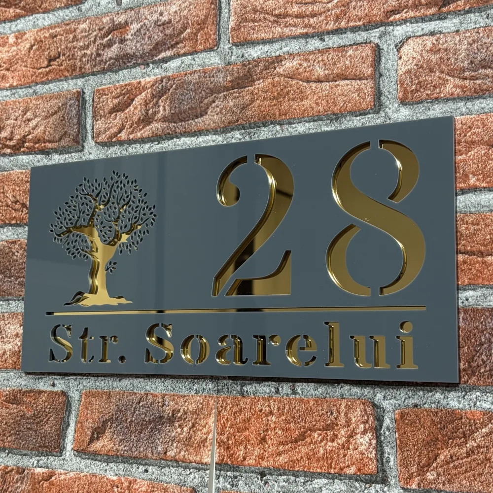 Placuta numar casa personalizat model TreeWave 29.5 x 14.5 cm Grii Lucios / Oglinda Auriu