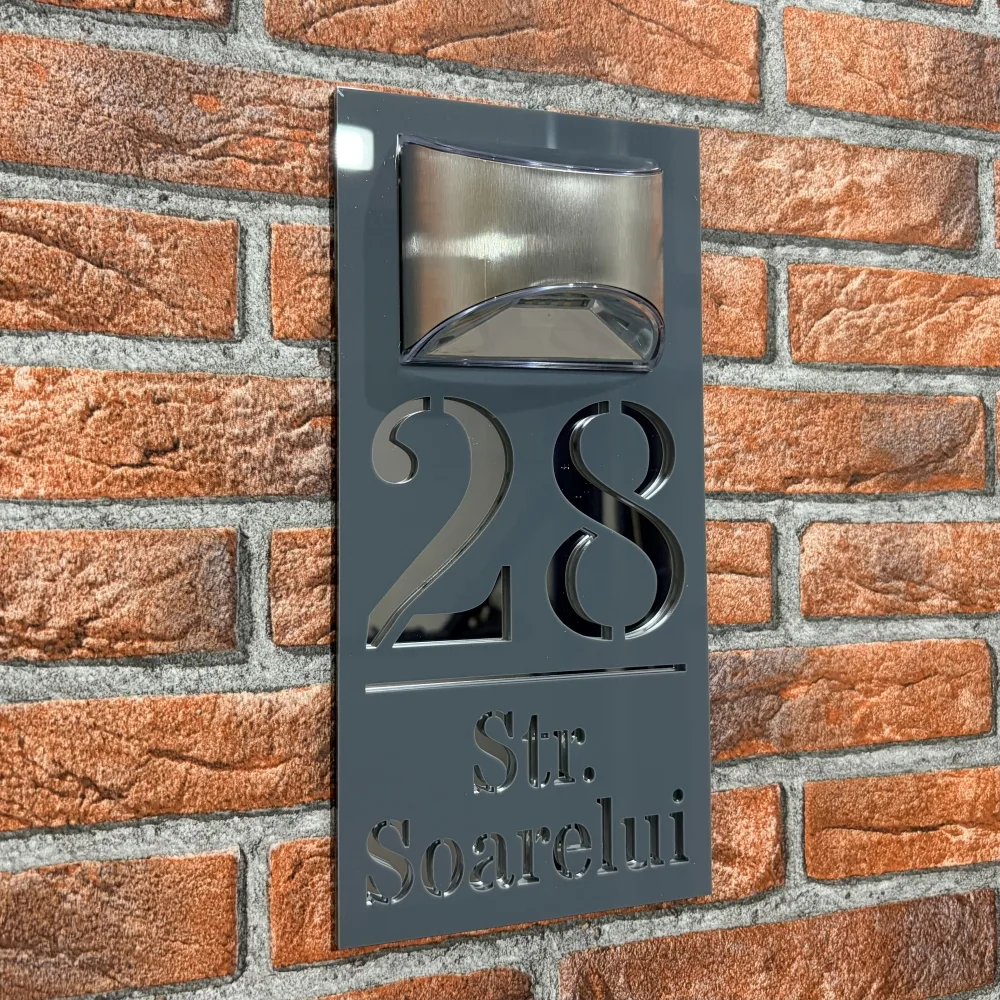 Placuta numar casa personalizat model HeavenLight 29.5 x 14.5 cm Grii Lucios / Oglinda Argintiu