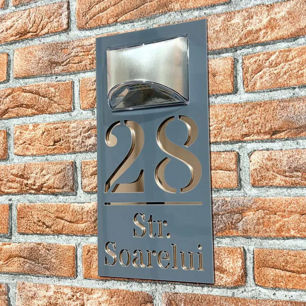 Placuta numar casa personalizat model HeavenLight 29.5 x 14.5 cm Grii Lucios / Oglinda Roz